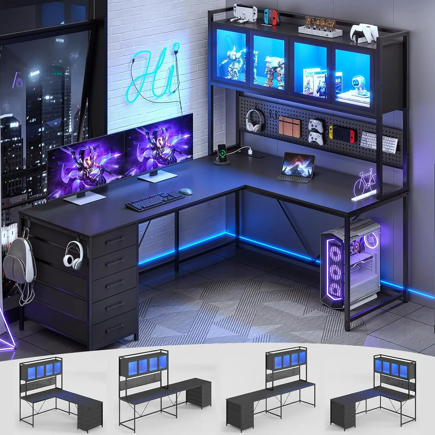 L Shaped Gaming Desk with Drawers, L Shaped Computer Desk with Hutch and Storage Shelves, Gaming Desk with Pegboard, Led Lights