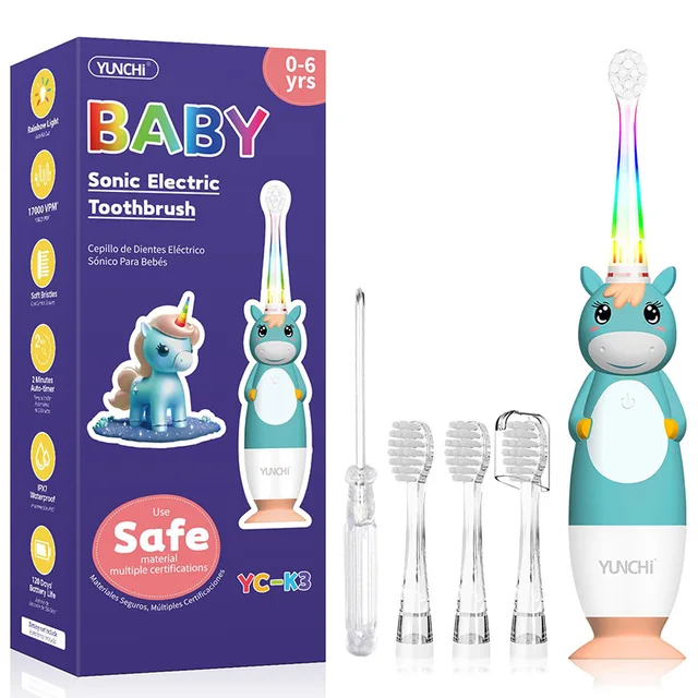 Toddler Sonic Electric Toothbrush for Baby with Cute Unicorn Cover and Smart LED Timer Soft Microfiber Bristles 4 Brush Heads 1