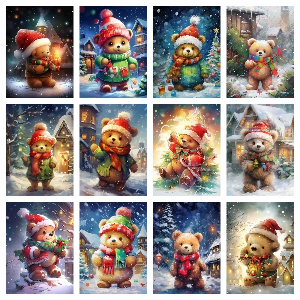 AZQSD Diy Painting By Numbers Bear Animal Acrylic Drawing On Canvas Winter Snow House HandPainted Gift 40x50cm Frame Home Decor