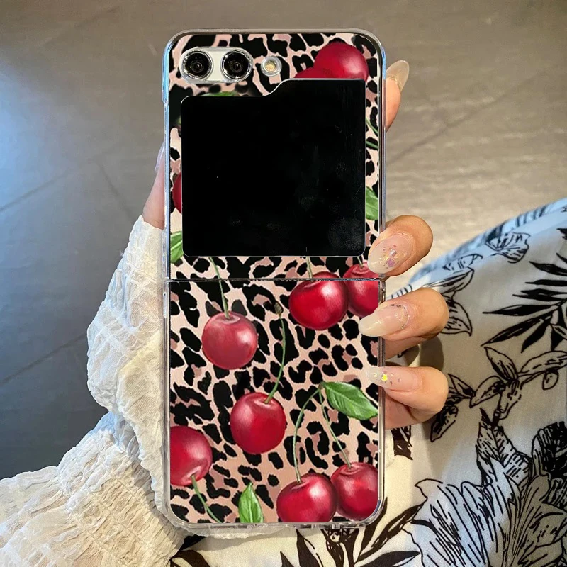 Leopard Print Phone Case with Red Cherry Bow Accents - Stylish Folding Hard Clear Cover