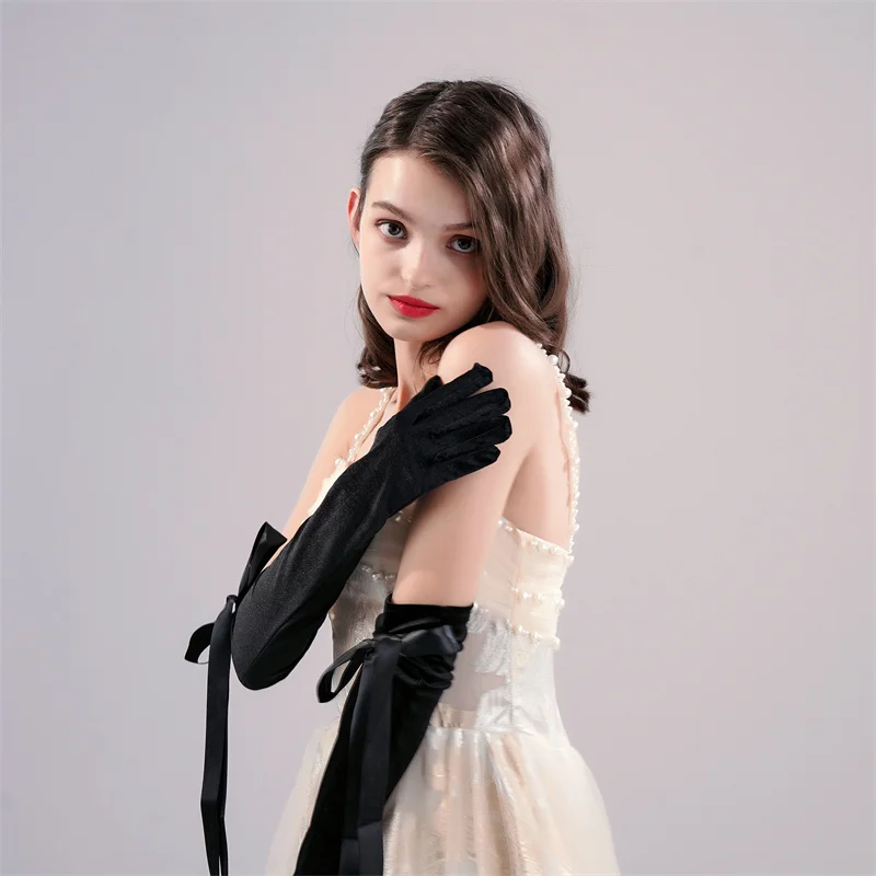Black velvet bow dress gloves dinner gloves Halloween accessories studio photography accessories velvet bow gloves