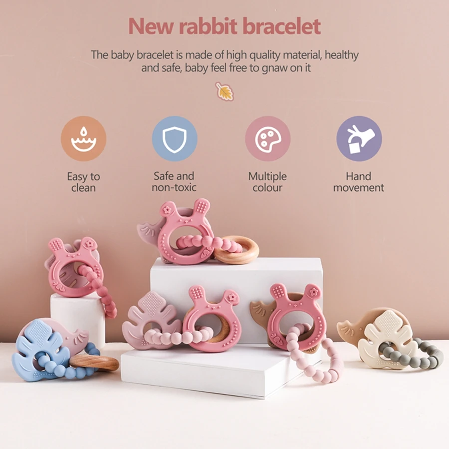 1Pc Baby Silicone Teether Toys BPA Free Silicone Bracelet Rabbit Teething Toys Wooden Ring Nursing Tooth for Newborn Gift