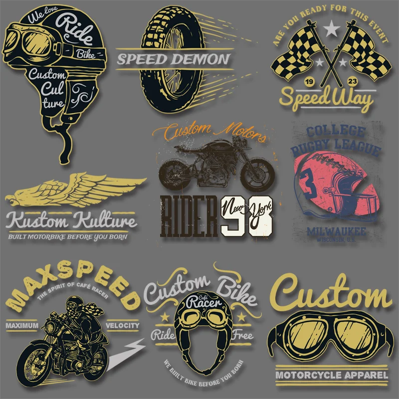 Fashion Motorcycle Helmet Letter Glasses Racing Flag Iron On Transfer Clothing Thermoadhesive Patches Washable Fusible Patch