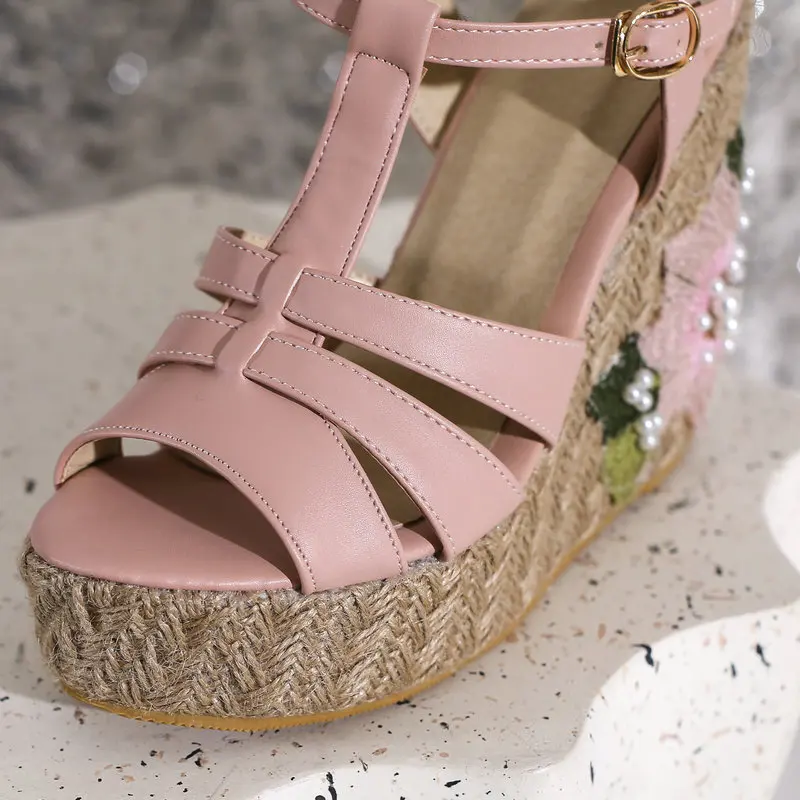 Beach Dress Sandals Women Summer Wedges Shoes Appliques T Strap Gladiator Pumps Bohemia Casual Plus Size 46 47 48 High Heels