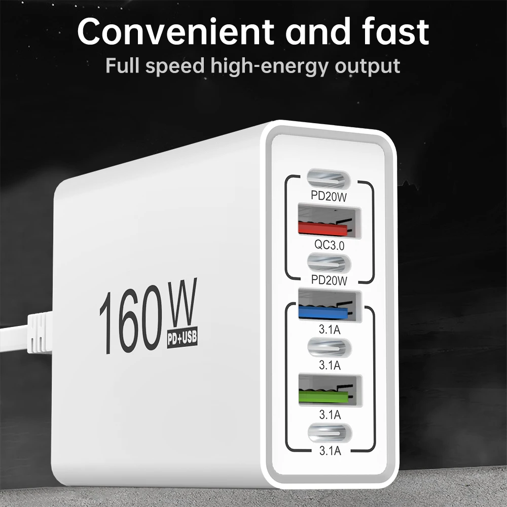 Total 160W USB Charger Fast Charging Multi Ports Power Strip Socket For iPhone 15 Pro Samsung Xiaomi Quick Charge Phone Adapter