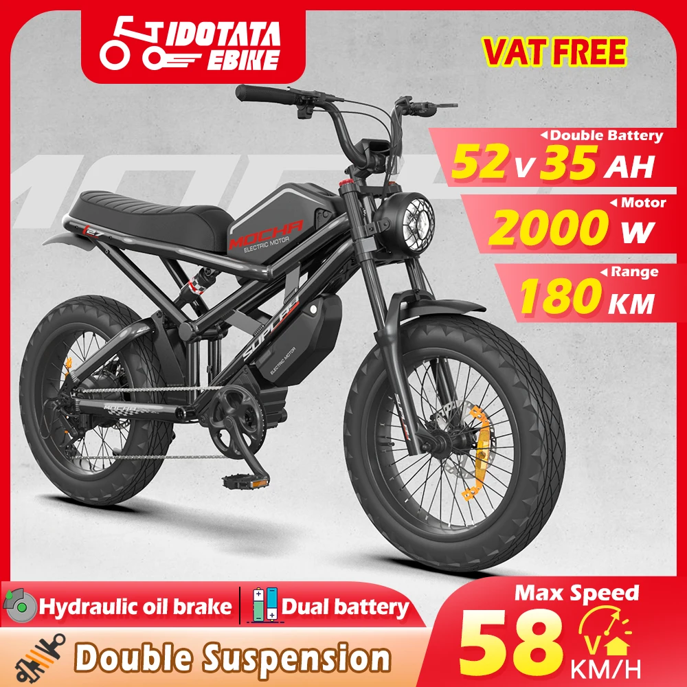 

IDOTATA Mocha Electric bike 2000W Motor Mountain bikes 52V 35AH Dual Battery Electric Dirt Bike 20Inch Fat Tires Motorcycle
