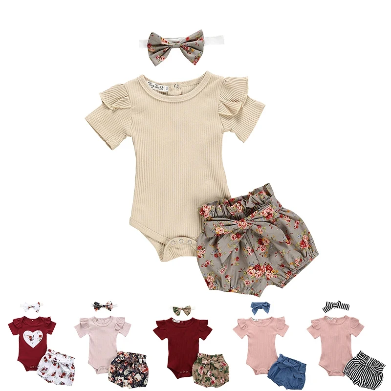 

Newborn Baby Girl Clothes Set Summer Solid Color Short Sleeve Romper Flower Shorts Headband 3Pcs Outfit New Born Infant Clothing