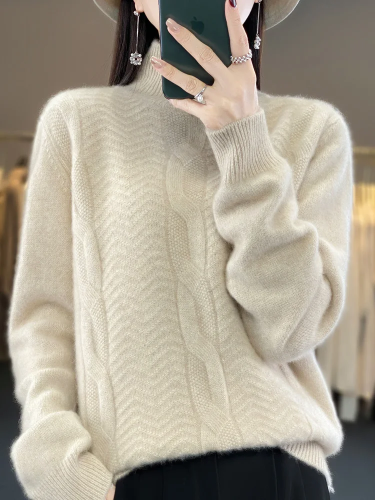 

Addonee 2023 New Autumn Winter Women Sweater Turtleneck Thick Pullovers 100% Merino Wool Twist Casual Warm Cashmere Knitwear Top