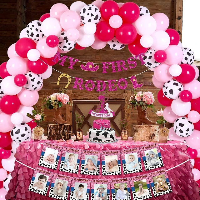Sfondo Fotografico Per Festa Di Compleanno Ragazza, 180x110 Cm, Tema Cowgirl Occidentale Con Fiori Rosa E Puntini Dorati, Perfetto Per Foto E Decorazione Torta