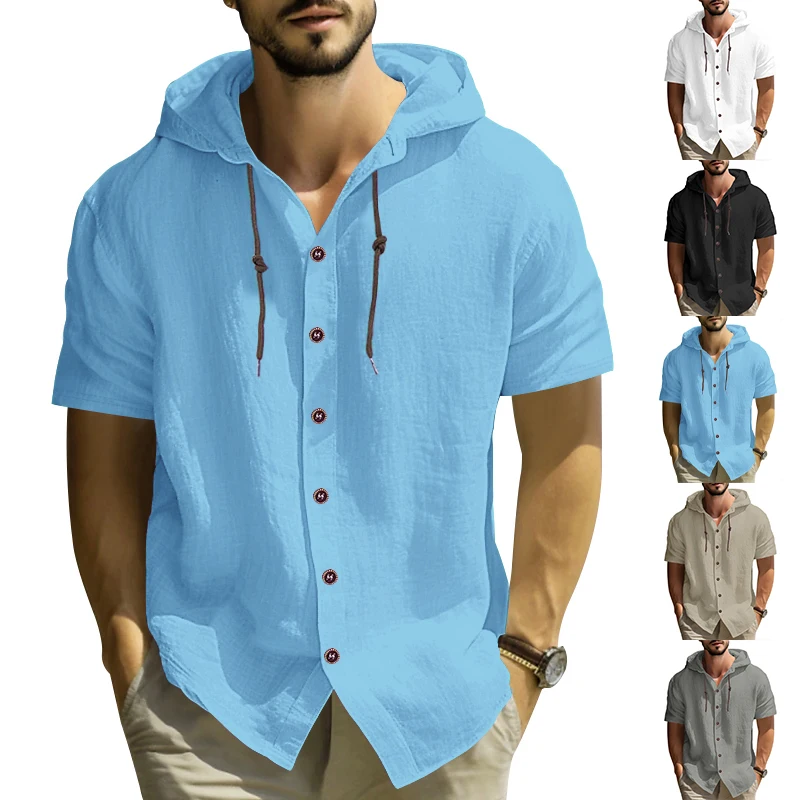 Casual Short Sleeved Shirt Summer cotton linen men's US size solid color hooded plus size