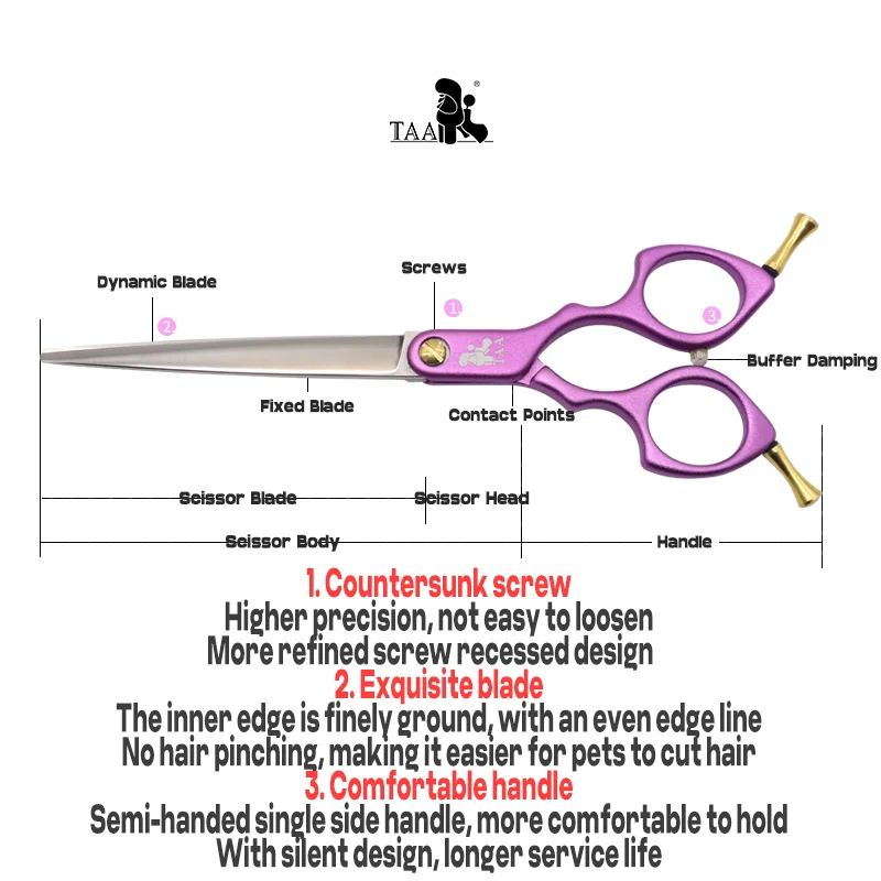TAA Dog Scissors Grooming Straight Scissors for Dog Handmade Profession Pet Shear 7 Inch Ultra-Light Colorful Pet F-700 dog grooming scissors