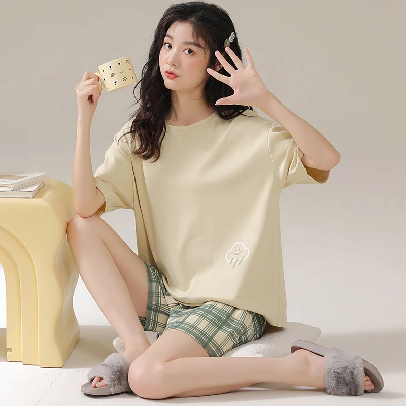 Knitted cotton women's pajamas double short suit 2024 summer new short-sleeved shorts casual simple stripe fashion home suit