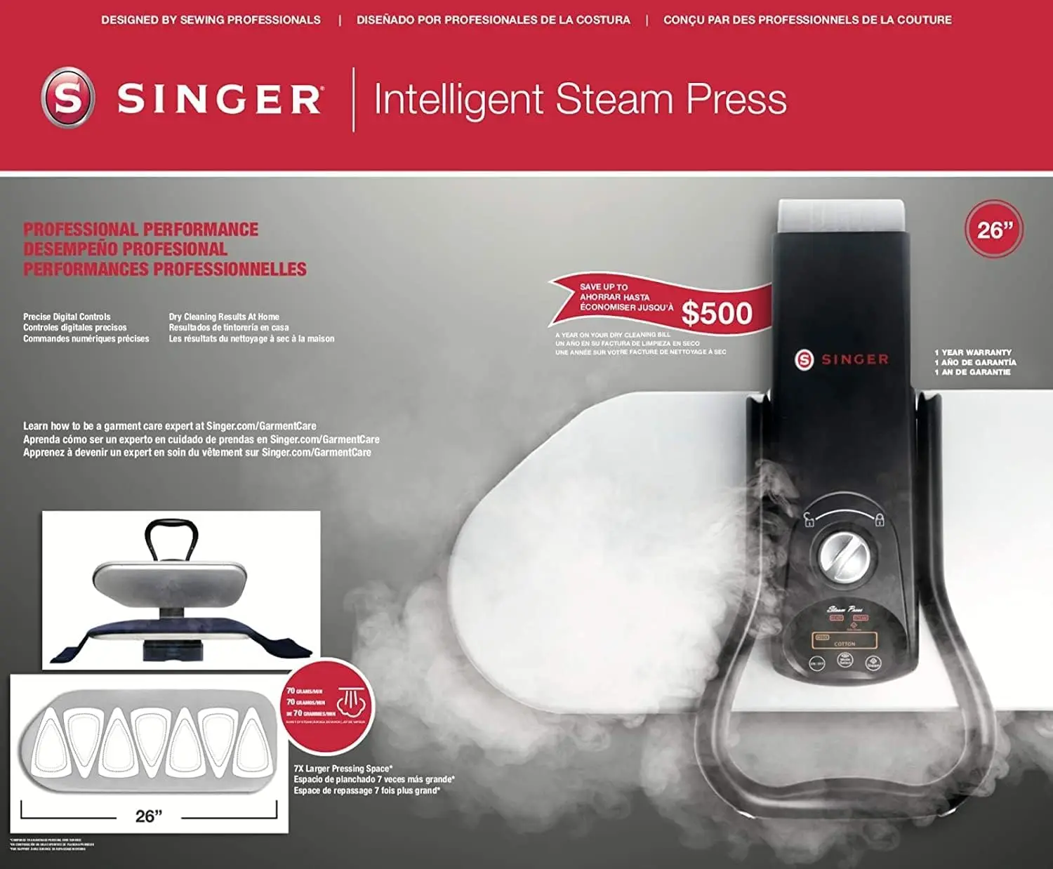 Steam Press (1500W) | Professional Steamer with 26" Non-stick Pressing Surface, Digital Controls with 5 3