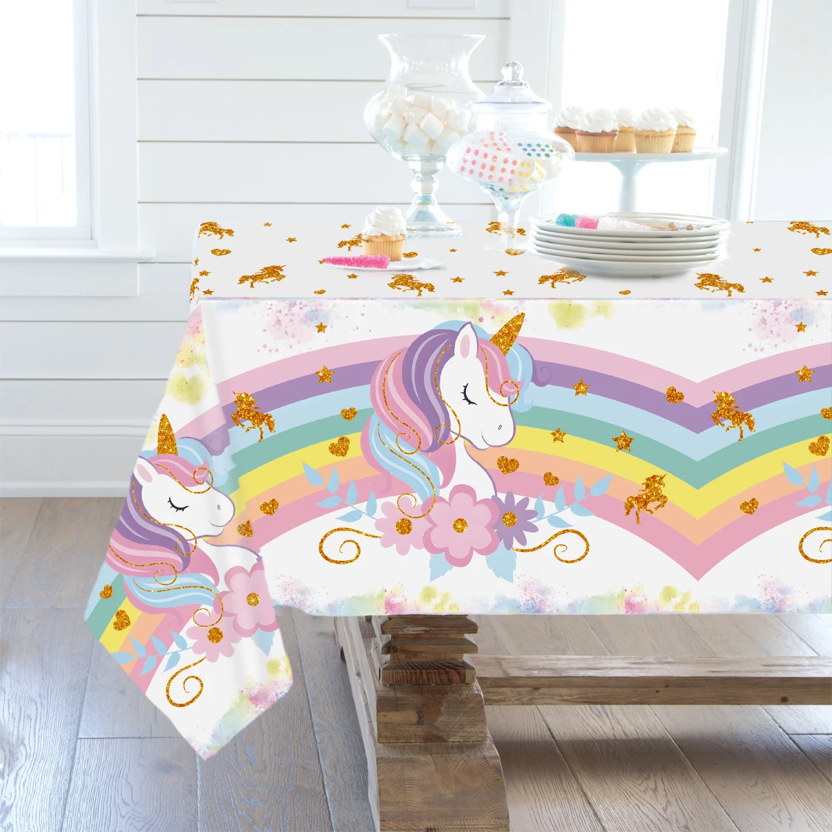 Rainbow Butterfly Unicorn Kitty Plastic Table Cover - 54x96 Inches, 1-Pack, For Birthdays & Parties