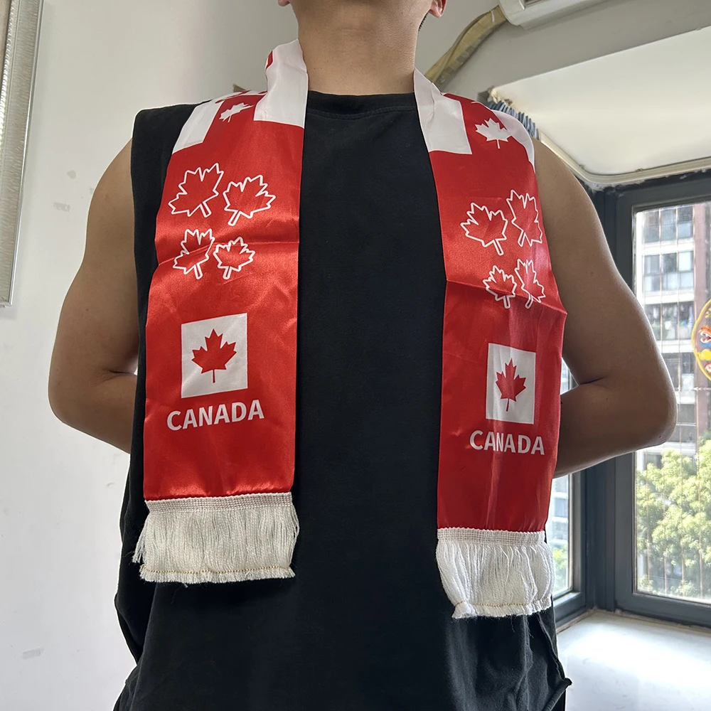 Canada Scarf 14x135cm Double-sided Printed Canada Flag Satin Canadian Scarf Suitable for 2026 world cup Sports Events