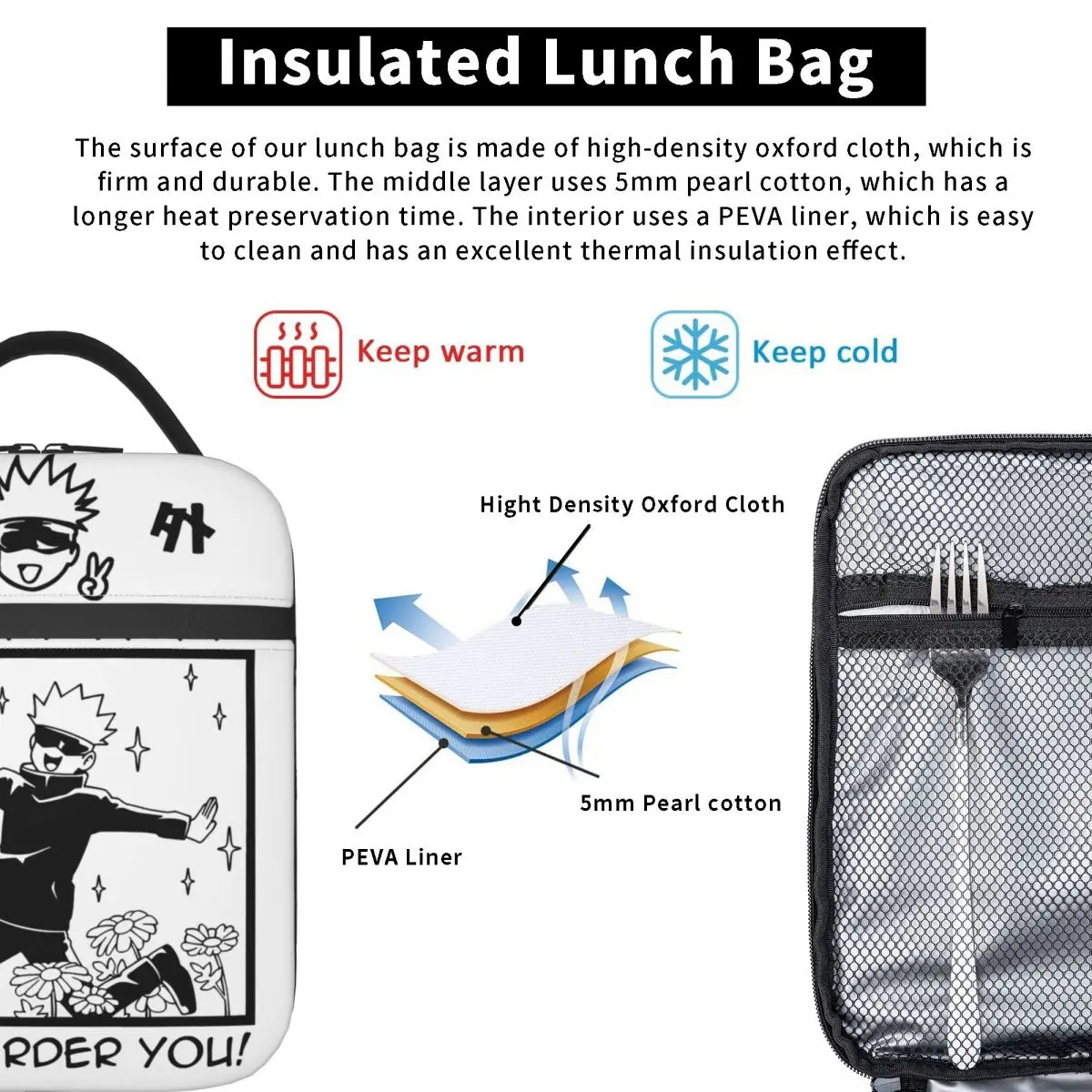 Gojo Satoru Jujutsu Kaisen Accessories Insulated Lunch Bag For School Food Container Reusable Thermal Cooler Lunch Box 5