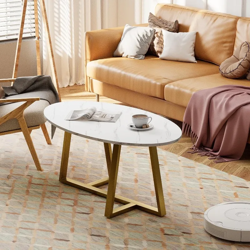 Coffee Table White Faux Marble Coffee Table for Living Room,Oval Center Table Modern Tea Table for Small Space,Wooden Living 3