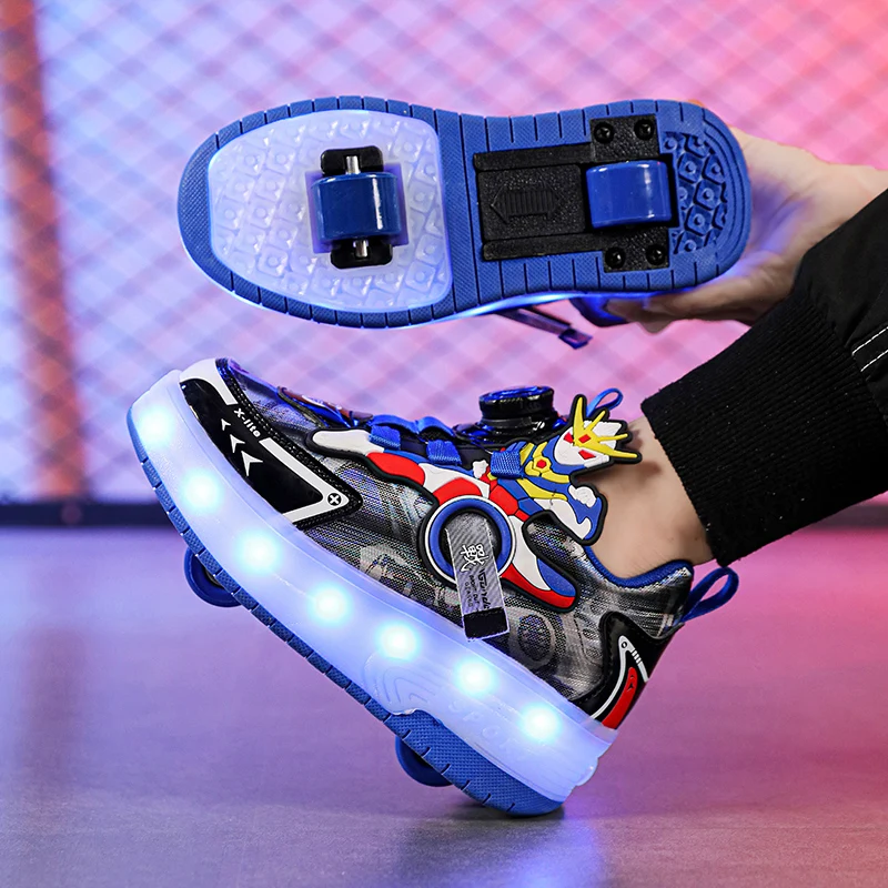Kids Shoes Boys' sneakers rotating button cartoon usb charging bright light roller skating rampage shoes elementary school children's shoes red sneakers