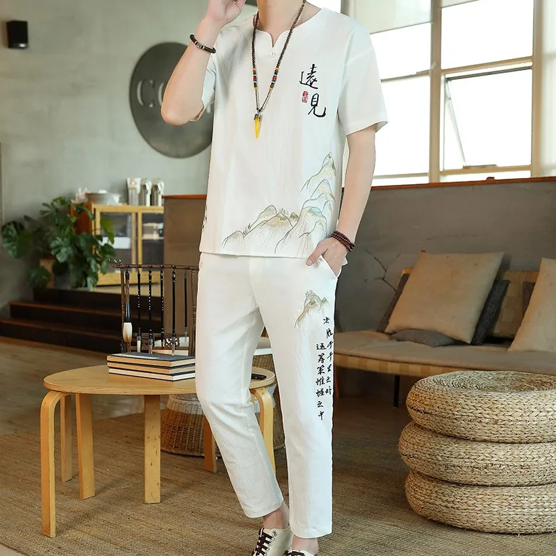 

New Arrival Mens Cotton And Linen Short Sleeve T-shirt+ankle Length Pant Set Embroidery Shirt+Trousers Home Suits Male