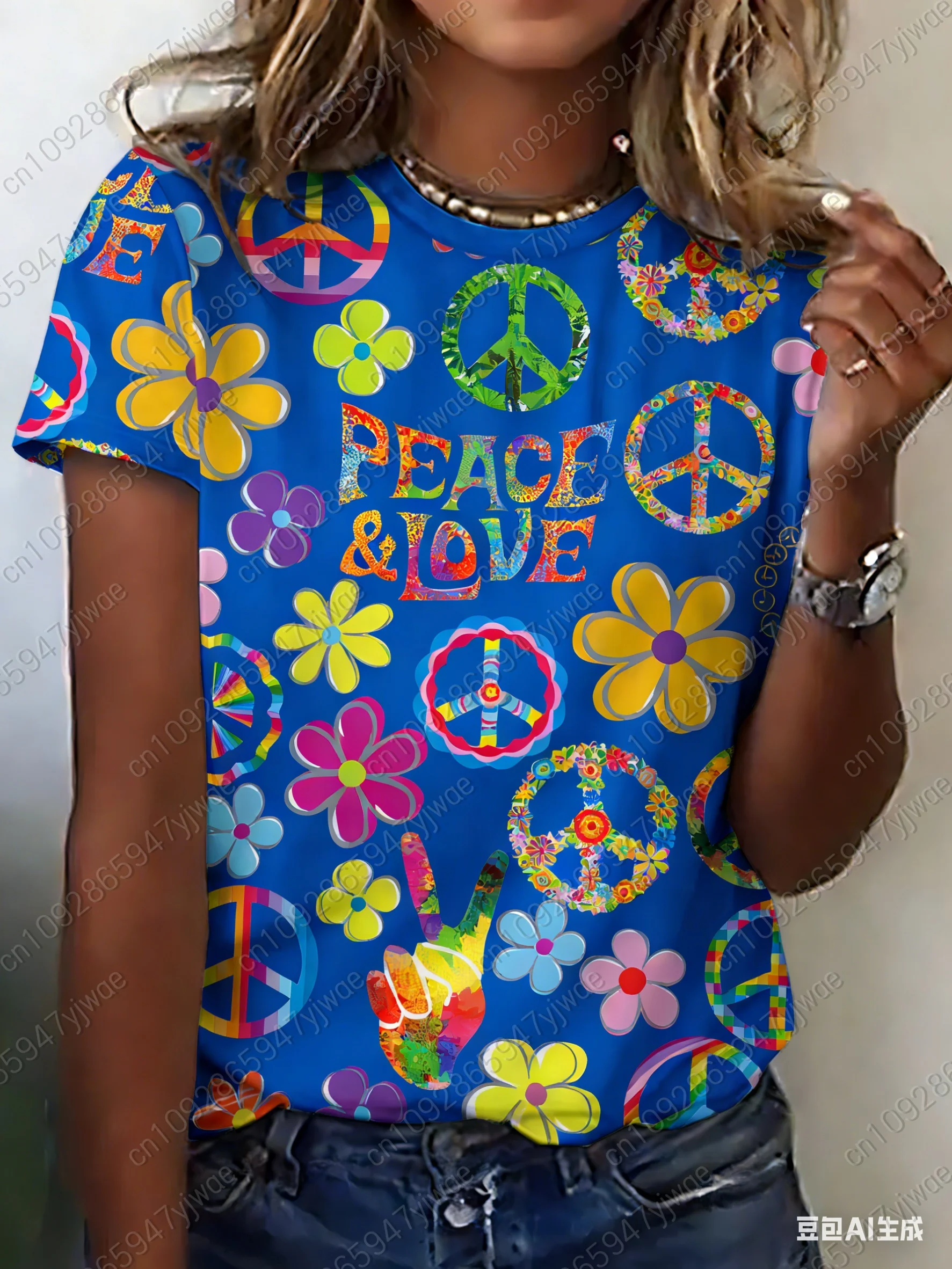 تي شيرت نسائي صيفي 2026 بأكمام قصيرة وطباعة الرسالة 'السلام والحب' وتصميم زهور، قميص بياقة مستديرة للفتيات، ملابس رياضية خارجية للنساء البالغات