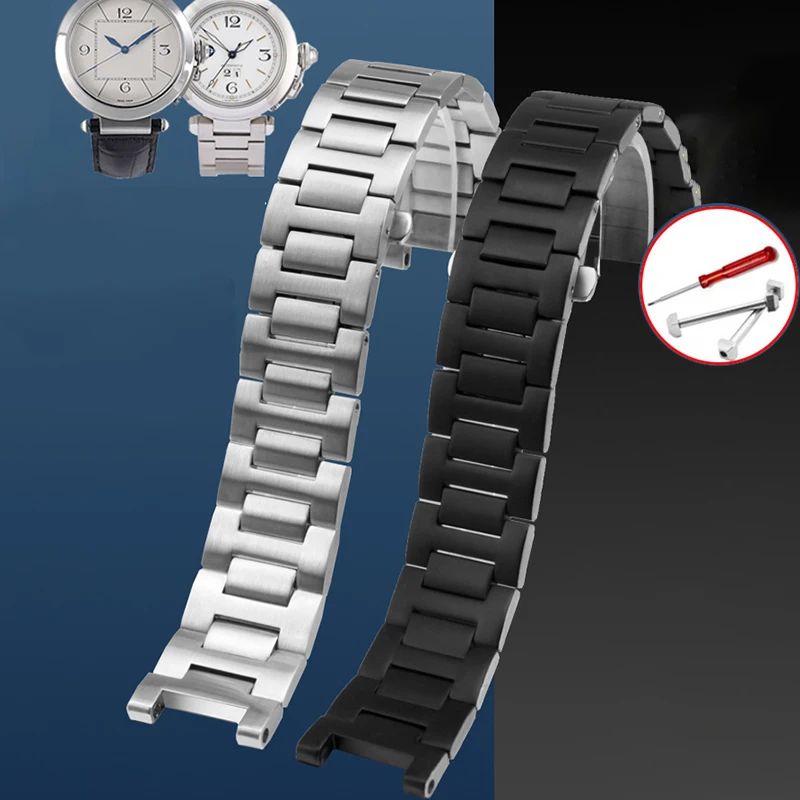 

For Cartier PASHA series watch strap men 22mm notch 14 stainless steel Silver metal Watchband Folding Clasp bracelet Free screw