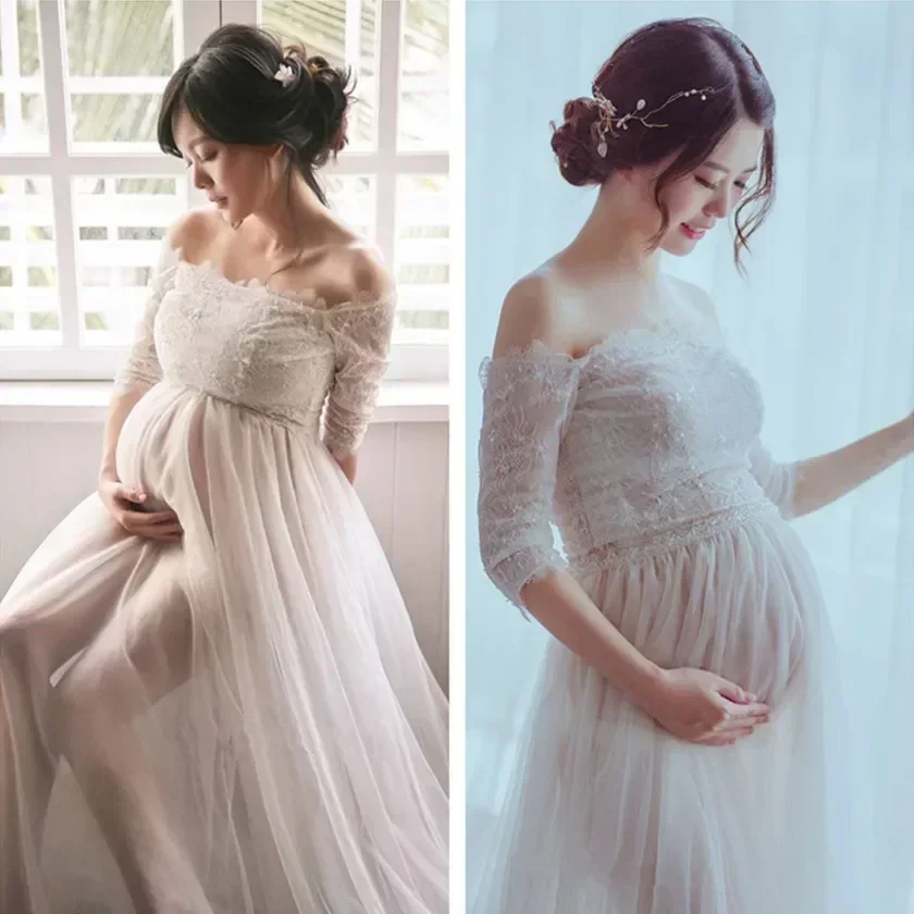

Pregnant women Dress for Photo Shoot Maxi Maternity Gown Shoulderless Lace Fancy Sexy Women Maternity Photography Props