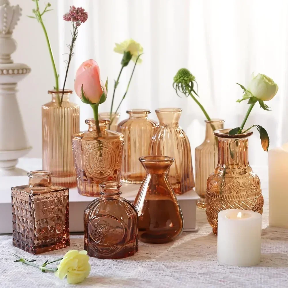 

Glass Bud Vases Set of 20 for Flowers, Small Amber Bud Vases in Bulk for Centerpieces Decor, Amber Mini Glass Vase