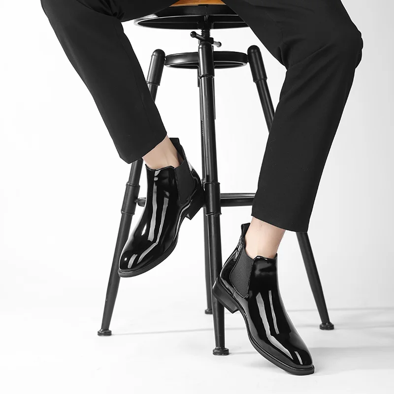 Chelsea Boots for Men Patent Leather Black Buckle Ankle Round Toe Business Classic Handmade Men Short Boots Botas De Hombre