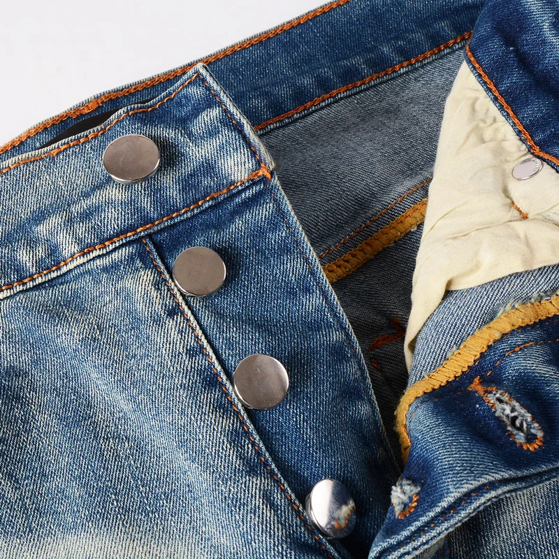 Street Fashion Men Jeans Retro Blue Stretch Skinny Fit Painted Ripped Jeans Men Buttons Fly Patched Designer Hip Hop Brand Pants