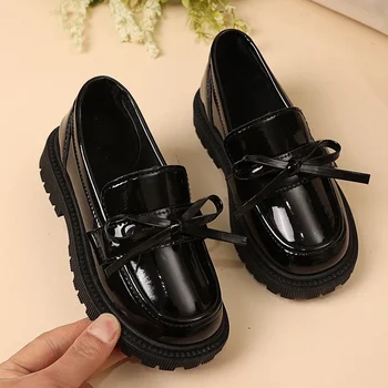 Kids Uniform Shoes Black Glossy for School Girls Performance Shoes Simple Bows 2025 Spring Autumn Children Flat Shoes Round Toes 1