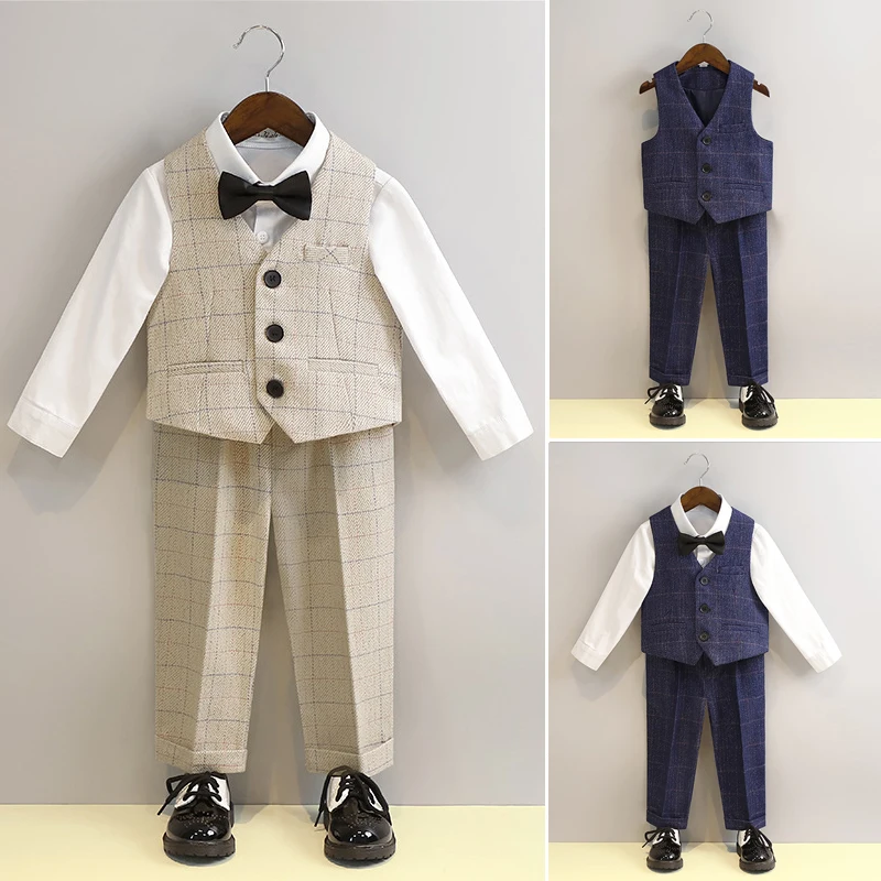 Summer School Uniform for Kids Handsome Boys Vest Suits Khaki Plaid Weddings Party Blazer Set 2-12 Y Chorus Performance Outfits