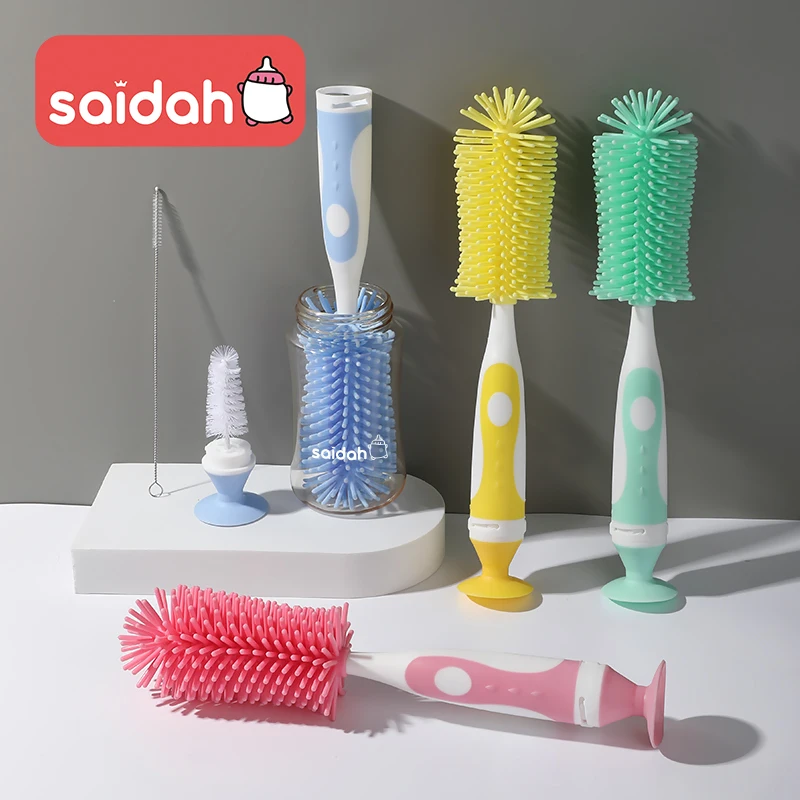 Cleaning Brush Set 3 in 1 Mother-child Silicone Baby Bottle Cup Cleaning Brush Suction Stand Type Feeding Clean Tool Set