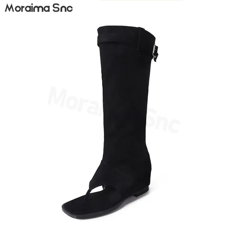 

Suede Knee-Length Thong Sandals New Summer Solid Color Square Toe Heightening High Heel Roman Sandals Fashionable Women's Shoes