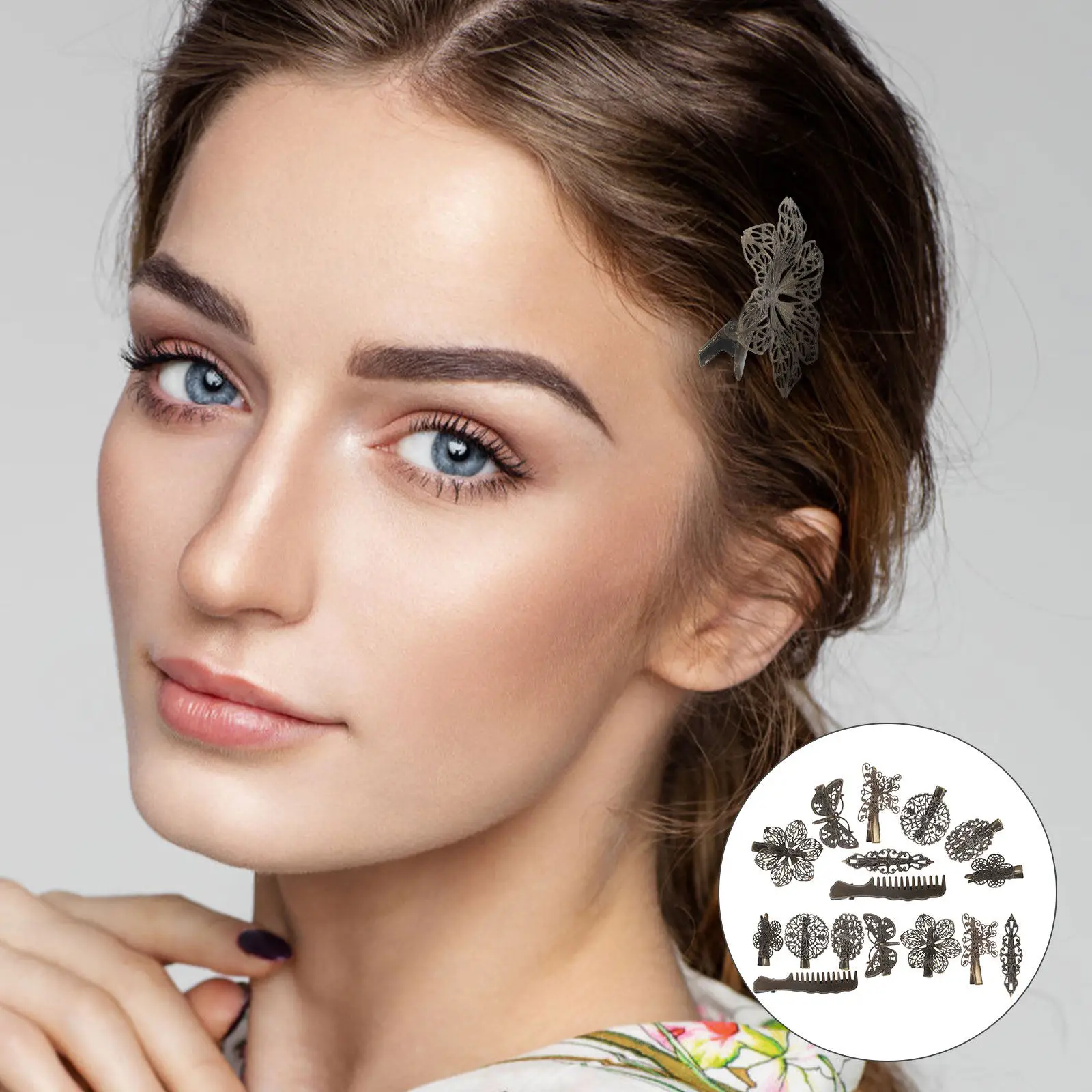16Pcs 레트로 나비 머리핀 청동 빈티지 덕빌 바레트 세련된 헤어 클립 파티용..