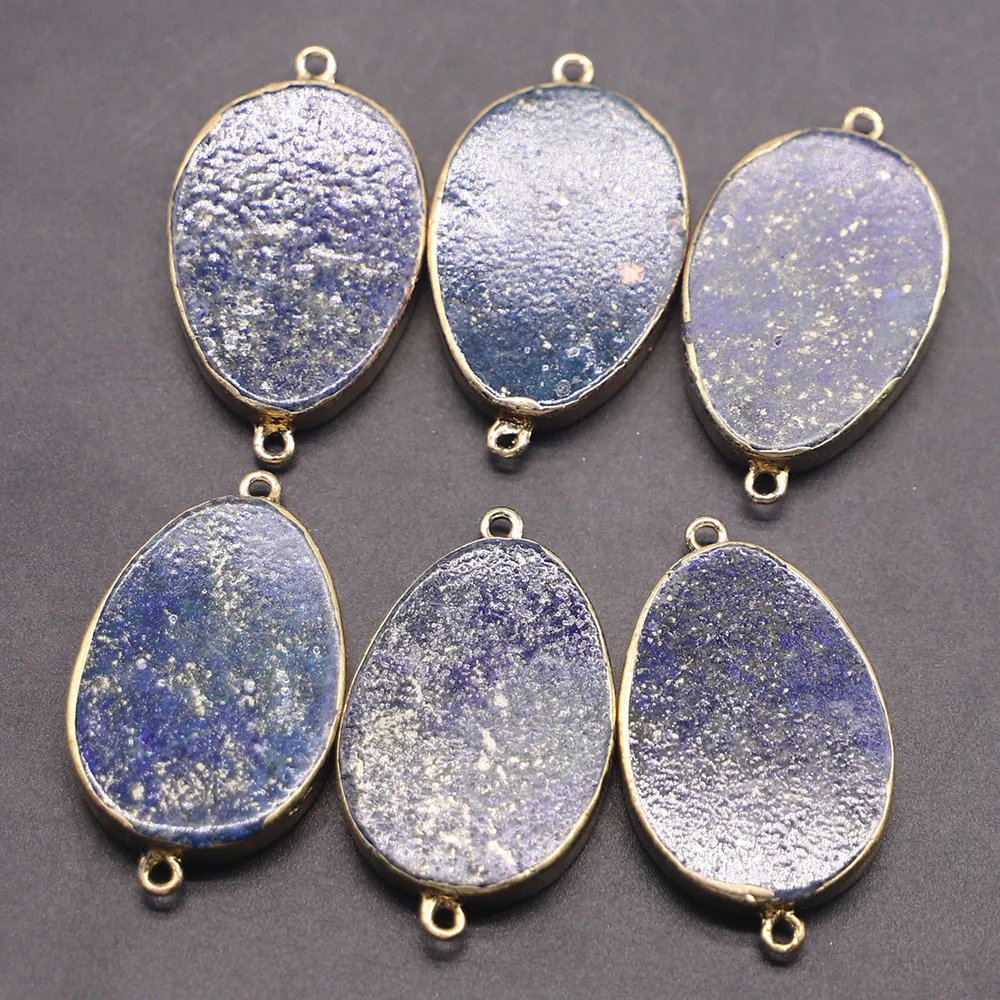 Natural Stone Oval Pendants Connector Lapis Lazuli Flat Necklaces Mineral Healing Gold Plated Edge Charms Jewelry Wholesale 4Pcs