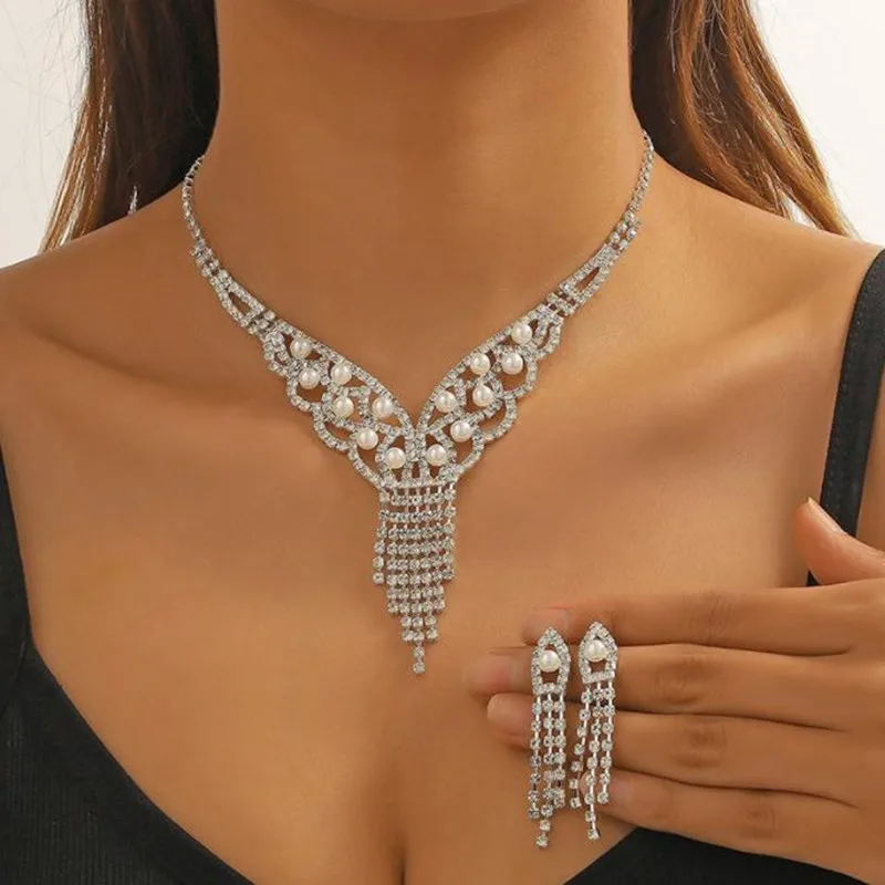 FYUAN Geometric Rhinestone Necklace Earrings For Women Long Tassel Jewelry Sets Ladies Weddings Banquet Accessory jewelry sets,jewelry set,women earrings,chain necklace