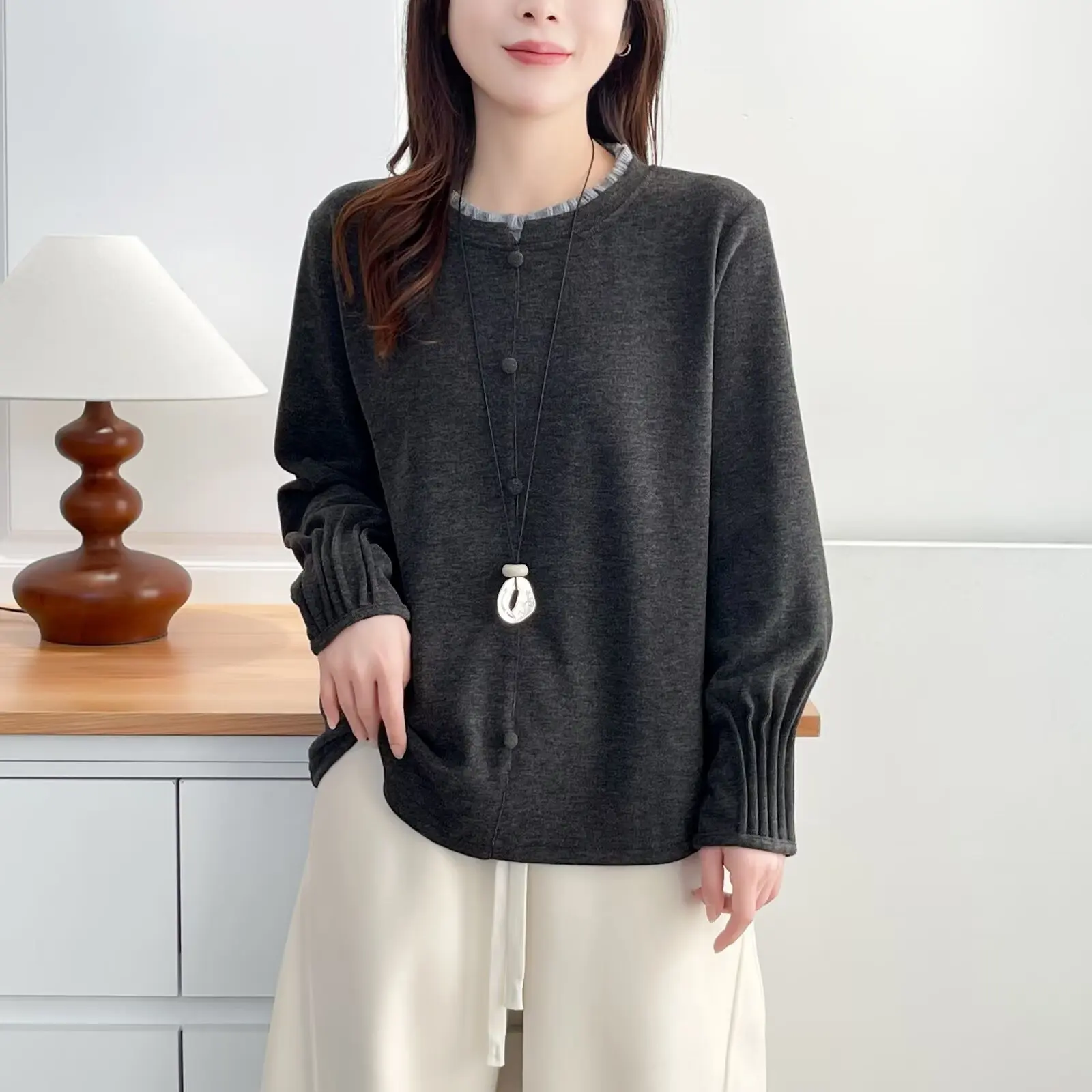 XXXXL Fashion Plus Size Woman Clothing T-Shirt 2025 Autumn Winter Color Block Ruffled Collar Cuffs Fold Fleece Warm Tops 318