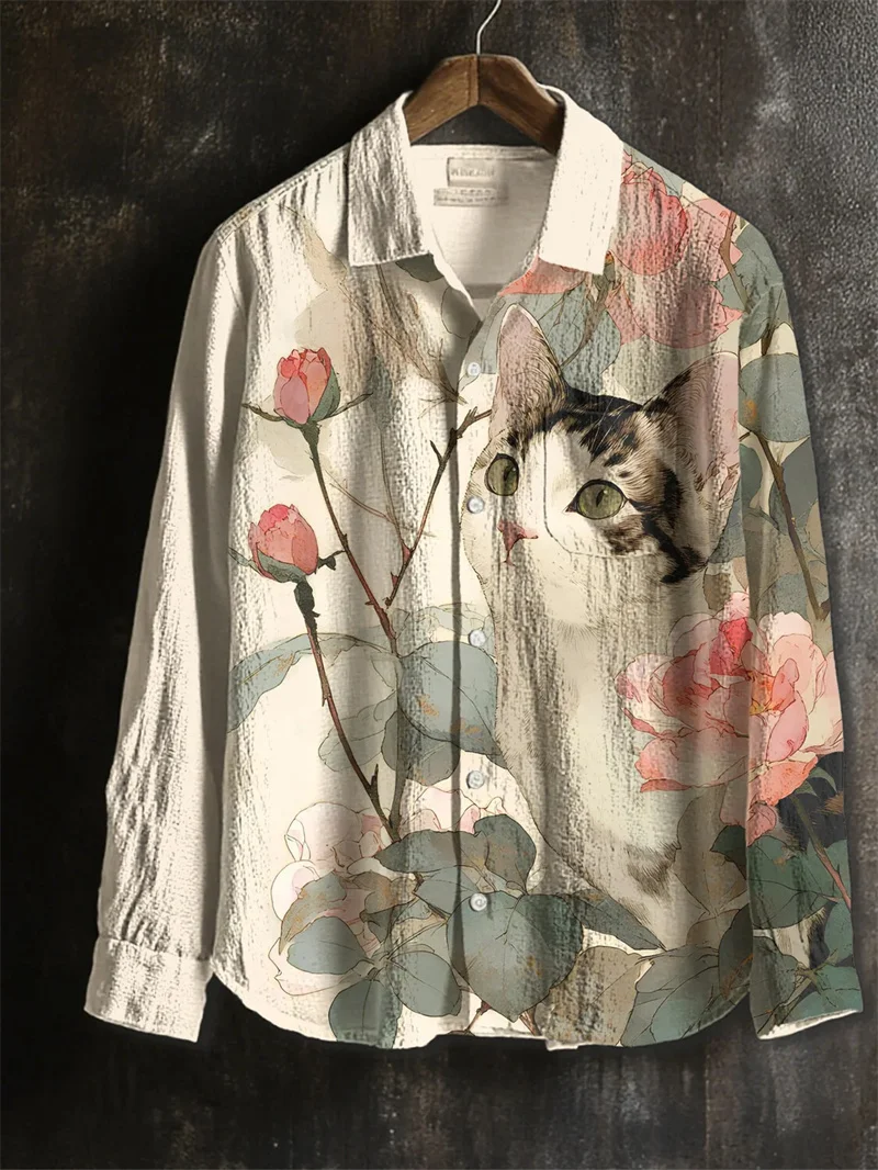 قميص كتان رجالي جديد بأكمام طويلة وزر قميص كاجوال بطبعة زهور ثلاثية الأبعاد وأكمام طويلة موضة يومية مريحة