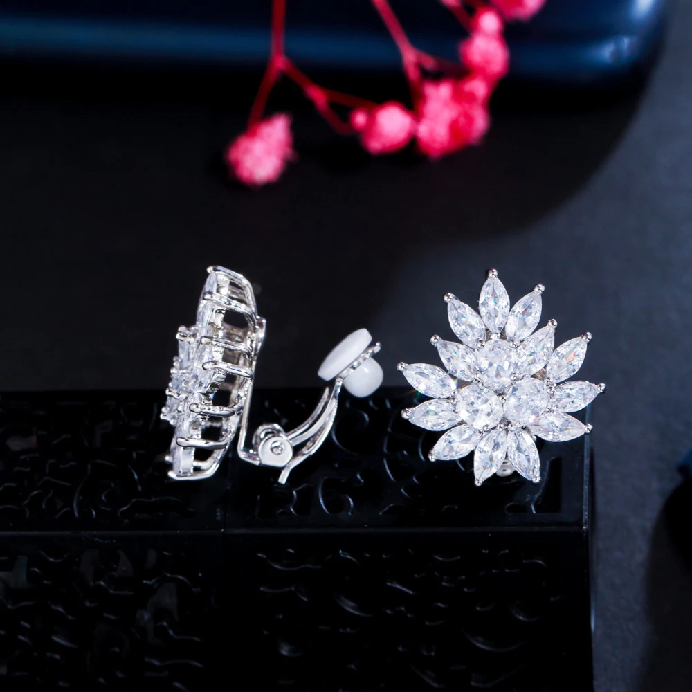 CWWZircons New Designer Flower Shape Stunning Cubic Zirconia Crystal Women Ear Clip on Earrings Without Piercing CZ196 6