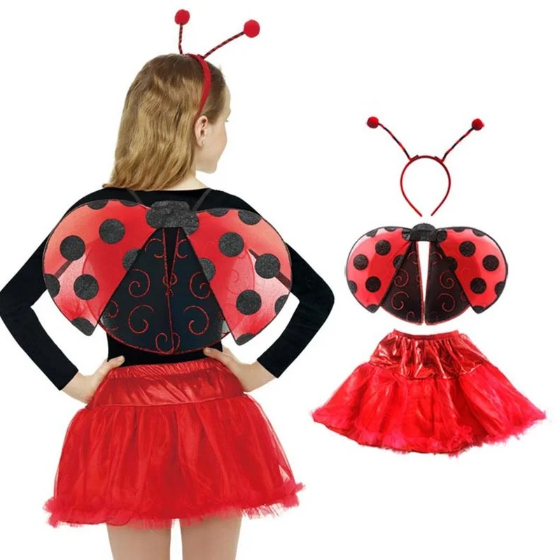 Red Fairy Princess Ladybird Set Headband Wings Tutu Skirt For Dress Up
