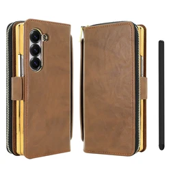 RFID Wallet Phone Case with Card Slots and Faux Leather Magnetic Flip Cover with Hand Grip, Zipper Coin Pocket for Galaxy Z Fold4 (Brown)