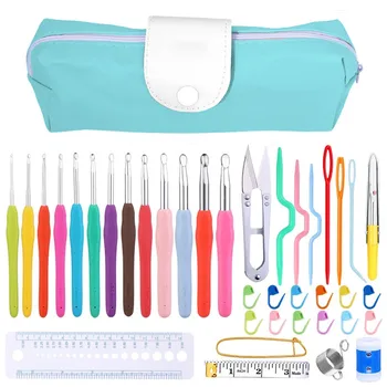 IMZAY Colorful Rubber Handle Knitting Needles Kit With Sewing Clips Plastic Needles Staniless Steel Scissors Crochet Hooks Set 1