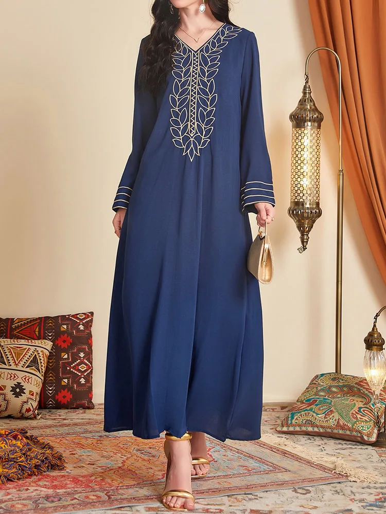 Muslim Embroidery Fashion Loose Evening Dress Vintage Women Embroidery Abaya Casual Long Sleeves V-Neck Blue Ladies Dresses