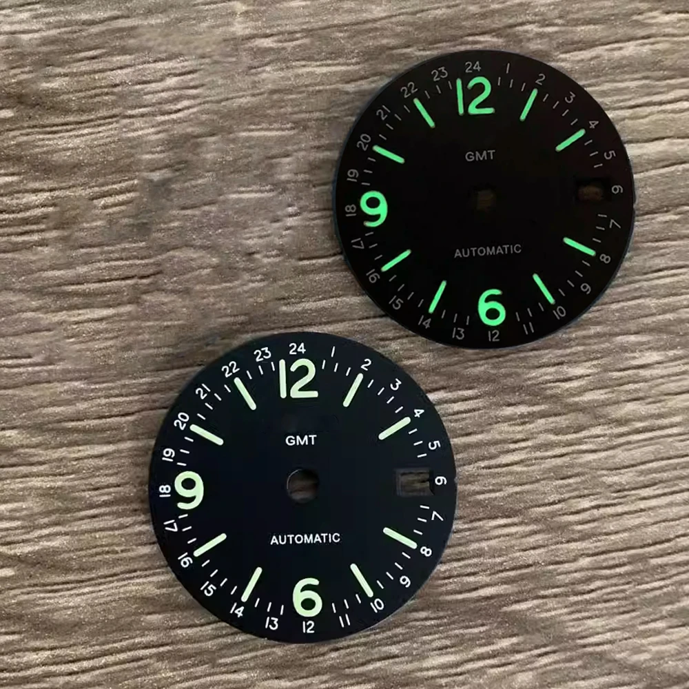 

New Fashion Watch Dial 29mm Green Luminous GMT NH34 Dial for NH34 Movement Black Green Single Calendar Watch Faces Accessories