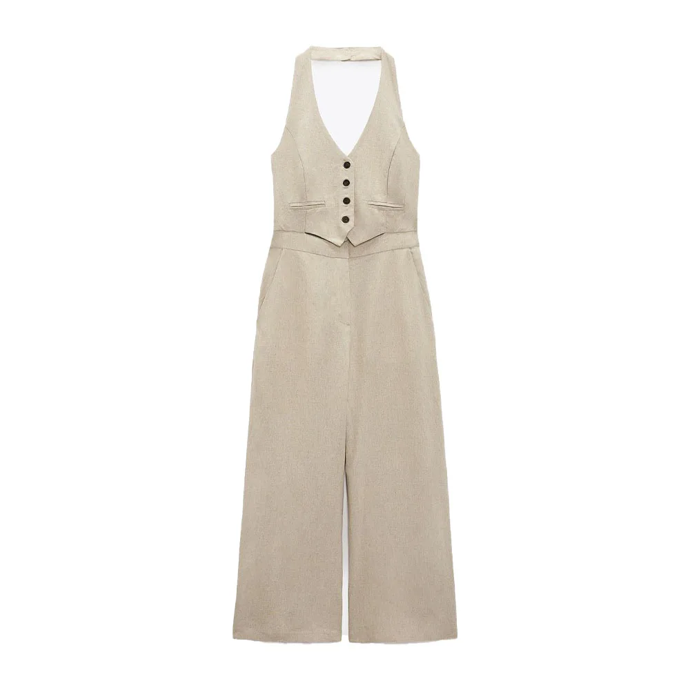 

Zach AiIsa new women's all-match sexy backless custom fabric linen blend V-neck halter neck high waist casual wide-leg jumpsuit