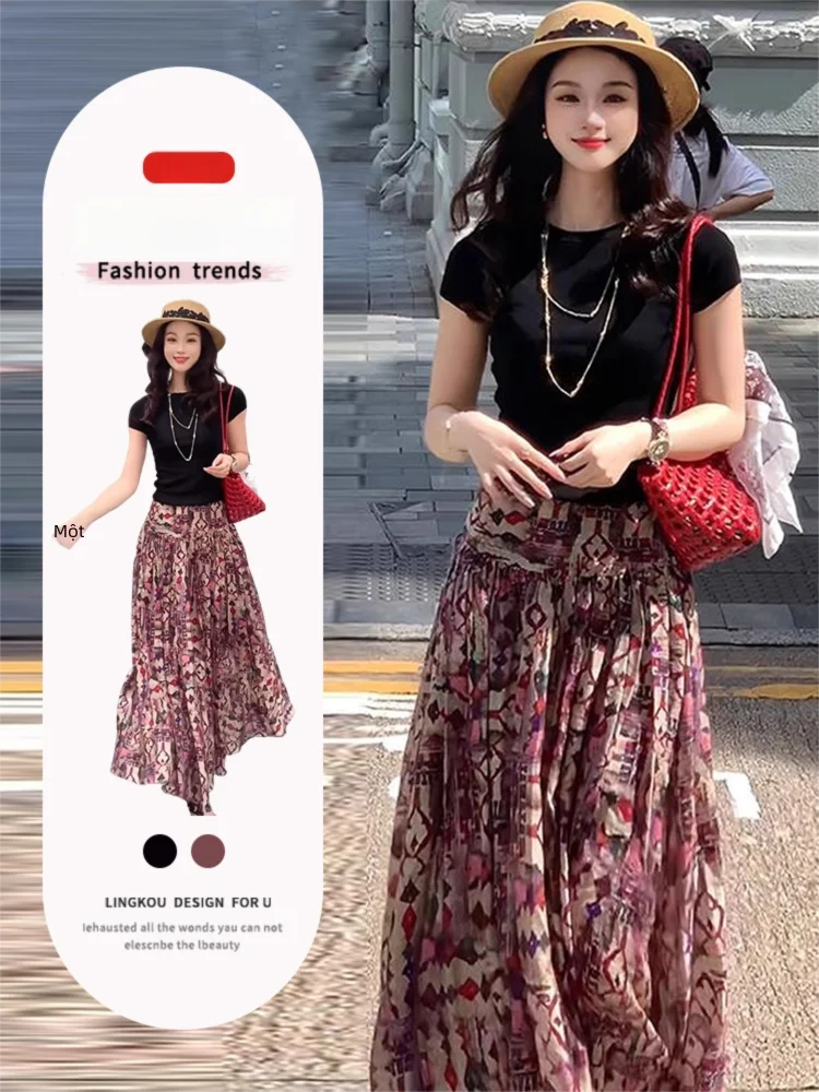 NUMEN BUTTON | Chân Váy Midi Voan In Họa Tiết Pháp Phong Cách Bohemian