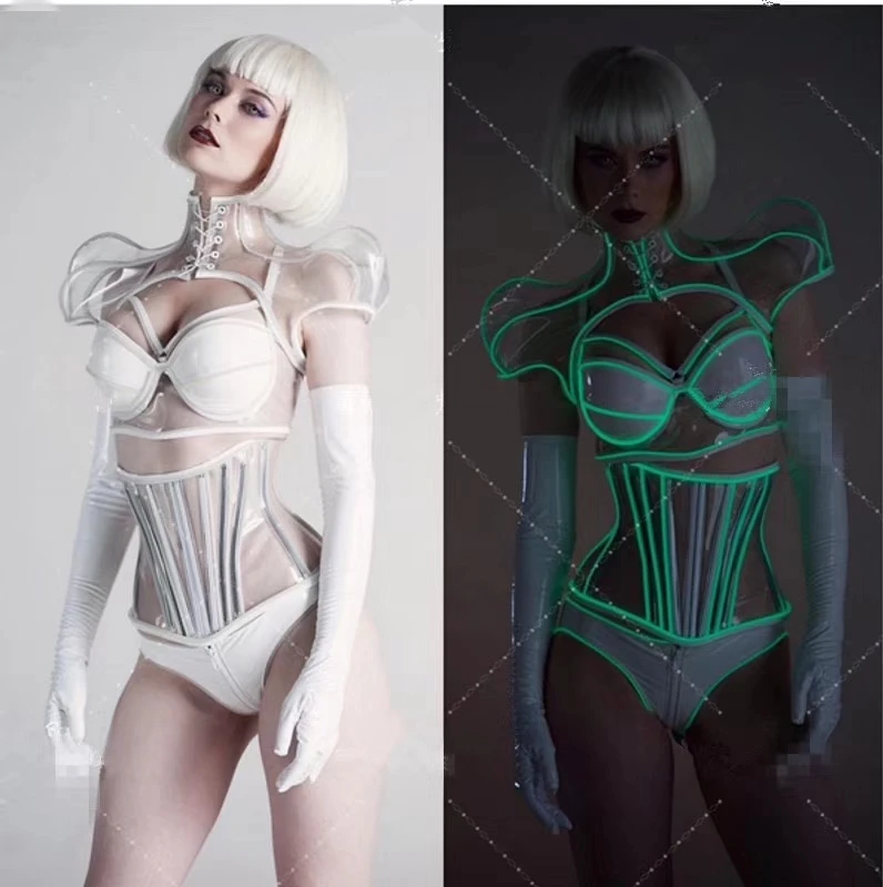 

Kostum Teknologi Pria Wanita Lampu Dingin LED Bercahaya Pesta Neon Armor Prajurit Masa Depan Science Fiction Laser Performance