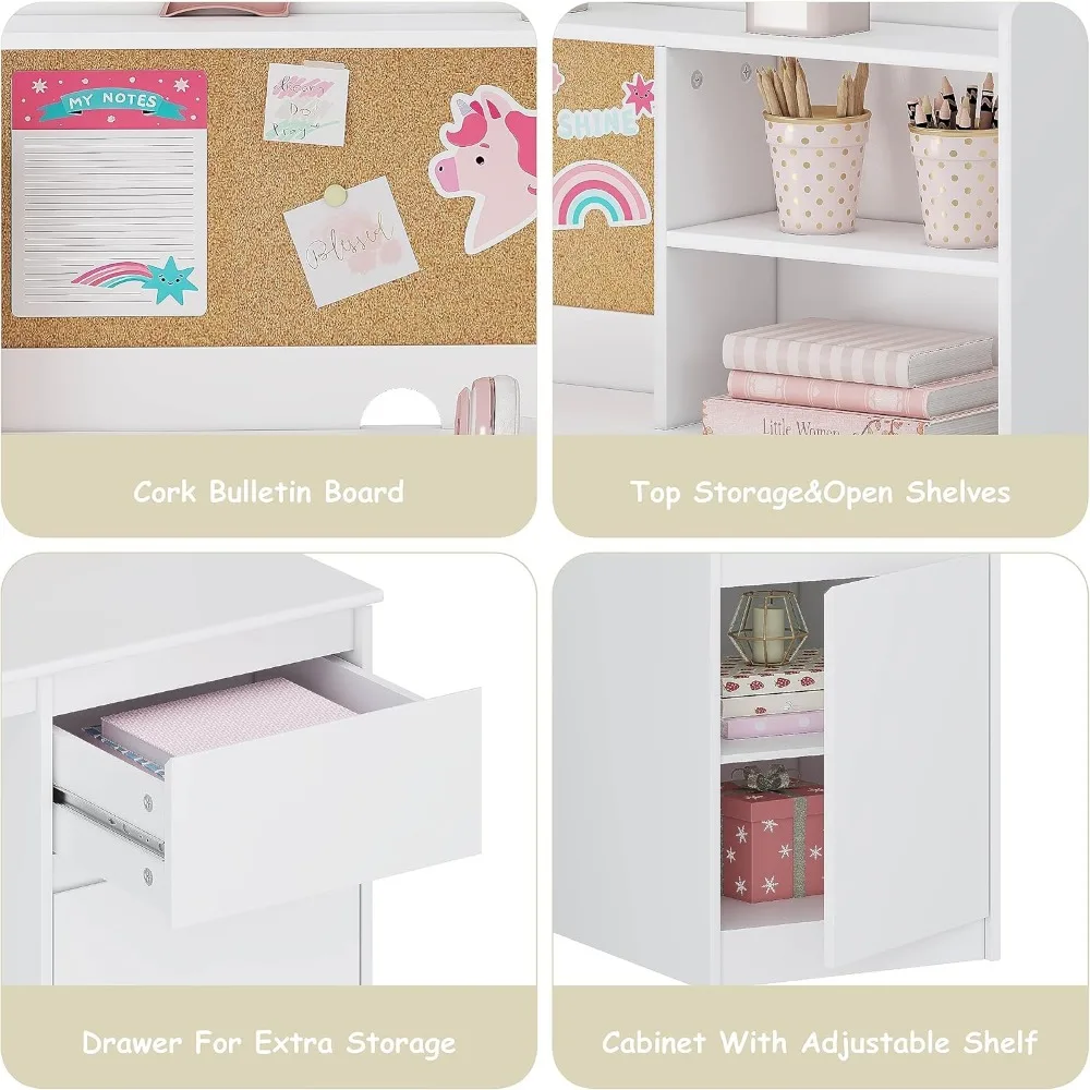 UTEX Kids Study Desk with Chair Kids Desk and Chair Sets with Hutch and Storage Cabinet Wooden Children Study Table