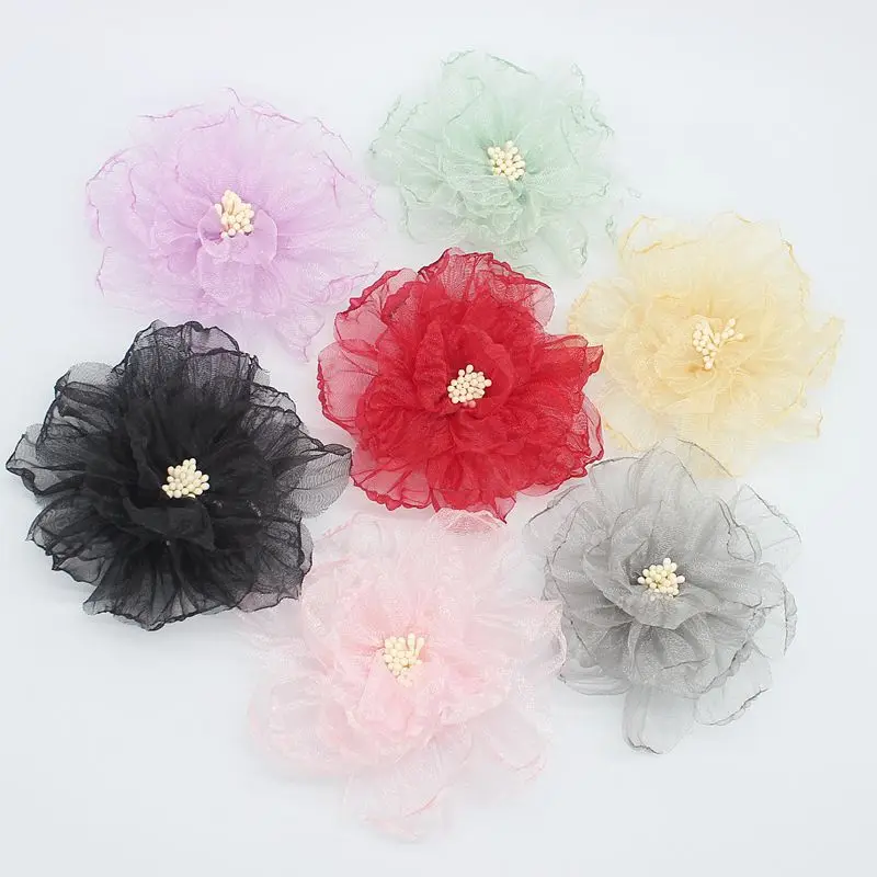 

24pcs/lot DIY 9cm snow yarn hand-burned edge flowers Organza peony flower for corsage shoes and hats accessories