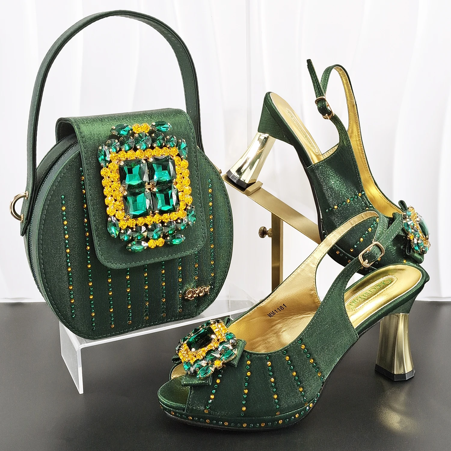 INS New Arrival Orange Color Party Wedding Pointed Toe Ladies Casual High Heels and Soft Bag Set Decorated With Rhinestone